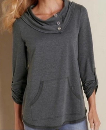 Weiche Umrandung Kassidy Wasserfallausschnitt Pullover Tunika neu ohne Etikett grau Knopfdetail Größe 2X