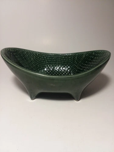 Hull USA Pottery Green Glazed Textured  Mid Century Modern Footed  Bowl I-13
