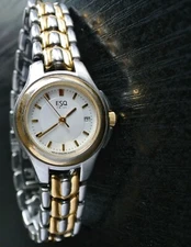 VINTAGE SWISS ESQ MOVADO DATE ELEGANT QUARTZ WOMEN'S 2 TONE BRACELET DRESS WATCH