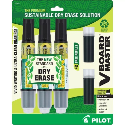 Pilot V Board Master Dry Erase Markers Black Pack of 3 With 2 Refills -FREE SHIP