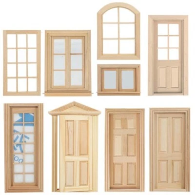 1:12 Maßstab Puppenhaus Miniatur Holz Unpainted Tür Fenster Möbel Zubehör DIY - Bild 1 von 4