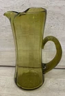 Olive Green Art Glass Blenko Applied Handle Pitcher 8" Crimped Pinched Top ITALY