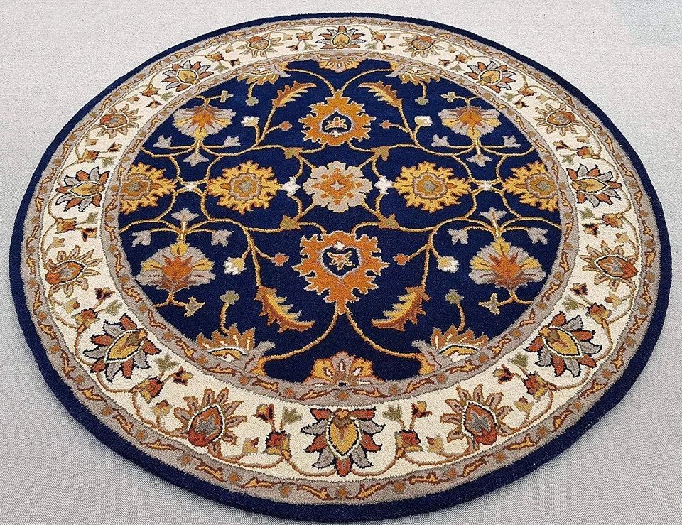 Navy Blue Round Hand-Tufted Carpets Traditional & Classical NZ Wool Area Rug - Image 4 of 4