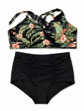 Torrid Reversible Tropical Halter Top/High-Waisted Ruched Bikini Set Size 2