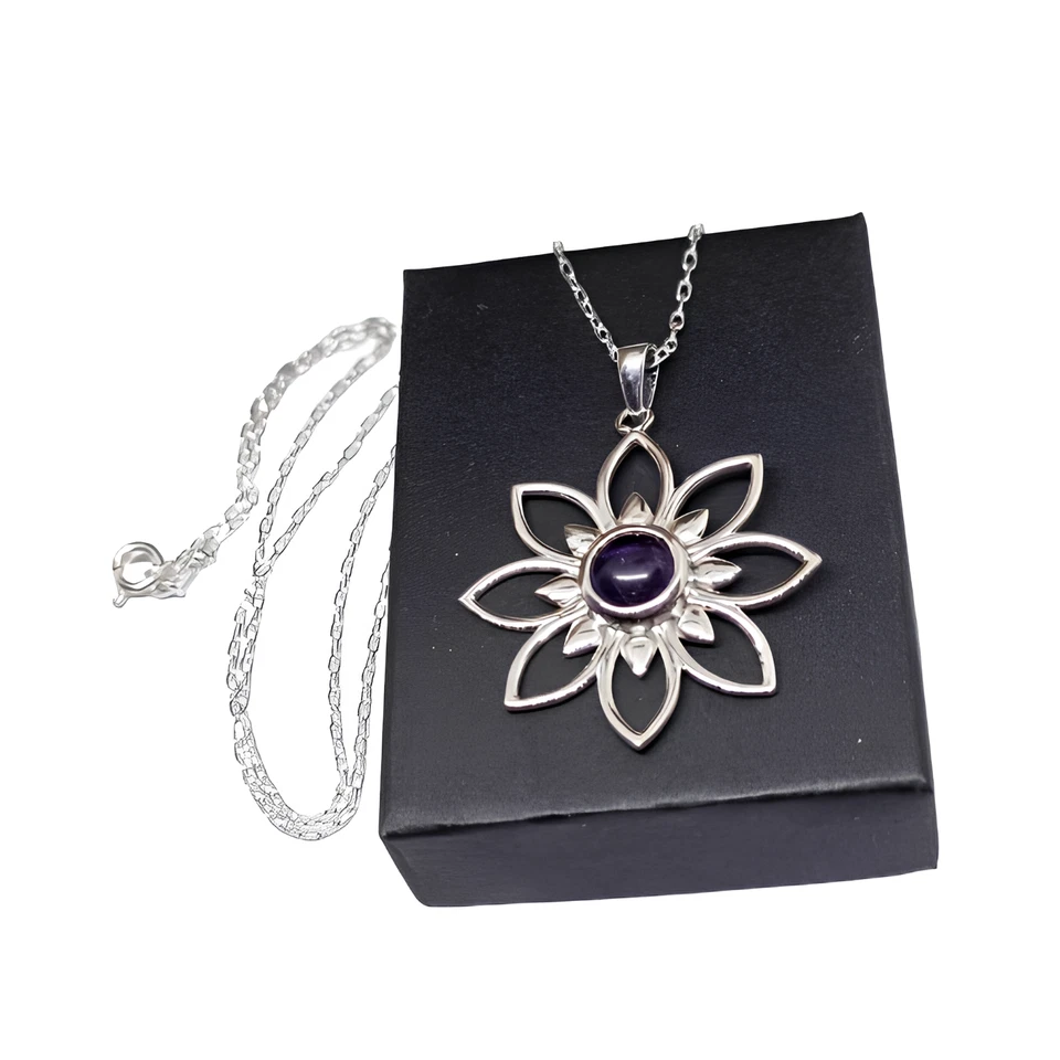 Collar con colgante de mandala de amatista, plata de ley 925, flor bohemia... - Imagen 3 de 4