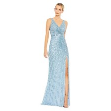 Mac Duggal 5685 Blue Sequined Faux Wrap Sleeveless Gown Bow Back Dress Womens 12