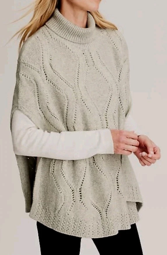 J Jill Womens S-L Cotton Blend Cable Knit Poncho Turtleneck Winter Preppy Cozy