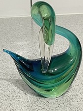 MURANO SOMMERSO SHADES OF BLUE & GREEN GLASS SWAN DUCK WITH YELLOW BEAK ITALY