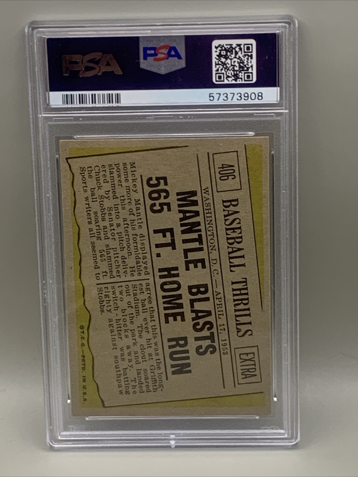 1961 Topps Baseball Thrills Mickey Mantle #406 PSA Graded 6 EX-MT Good Centering view 4
