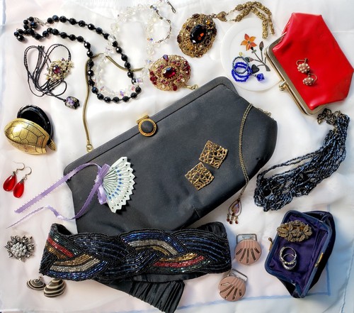 Grandma's vintage jewelry, clutch & coin purses, evening belt, trinket dish, 925