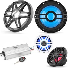 Clarion Marine 4 Channel Amp  6.5" w/ 10" Grey Grill Boat Audio Upgrade Bundle