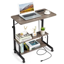 Mobile Standing Desk Small Laptop Table Home Office Power Outlets Adjust Height