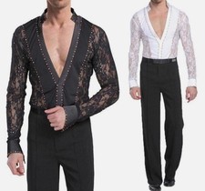 Mens Dancewear Ballroom Rumba Latin Dance Costume Lace V Neck Shirt Outwear Tops