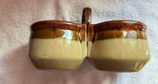 Vintage Condiment Relish Double Dish Bowl w Handle Brown Stoneware Pottery 