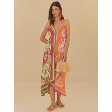 FARM RIO Mixed Scarves Floral Maxi Halter Dress Beaded Tassel Midi Pink, Size S