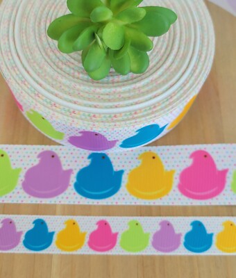 7/8 & 1.5'' (1 YD) Peeps Grosgrain Ribbon Easter Bunny Polka Dot Hair Bow