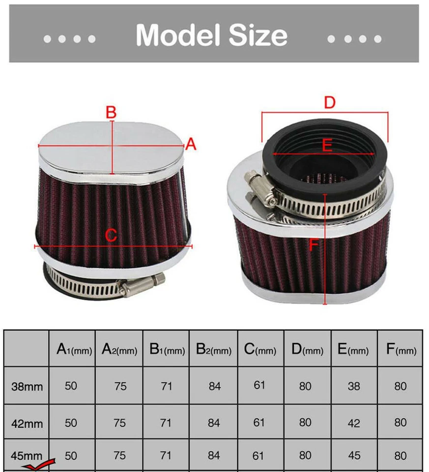 2PCS 45mm Motorcycle Scooter ATV Engine Intake High Flow Air Filter Washable - Image 2 of 4