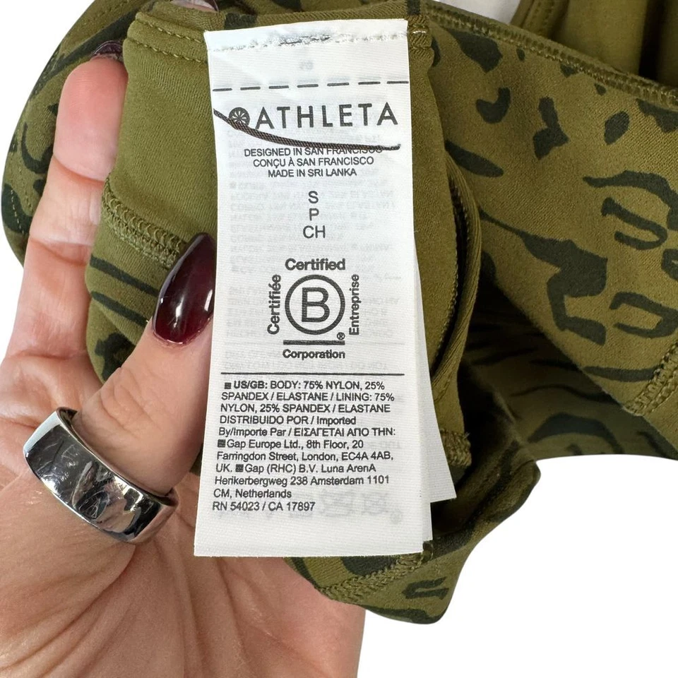 Athleta Animal Print Sports Bra Olive Green Leopard Plunge Workout Top Size S - Image 4 of 4