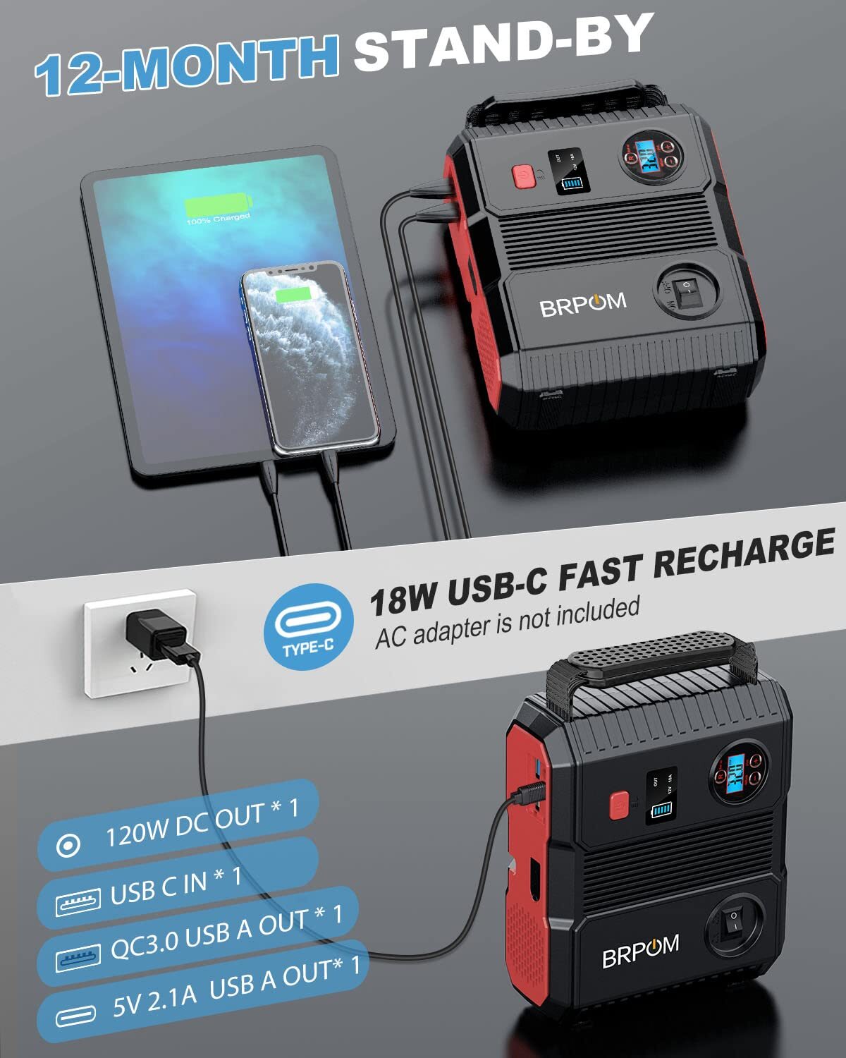 5000A Jump Starter 6000A Peak Battery Booster Tire Inflator Power Bank 12V