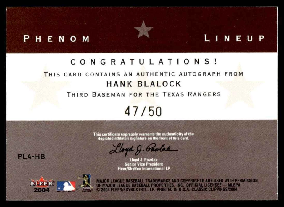 2004 FLEER CLASSIC CLIPPING AUTO /50 HANK BLALOCK RODRIGUEZ GLAUS R54 - Image 2 of 2