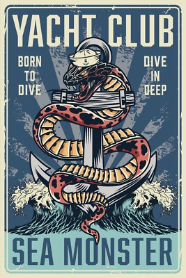 Blechschild 30x40 Yacht Club Born to Dive Deep Sea Monster geboren um in Tief Se