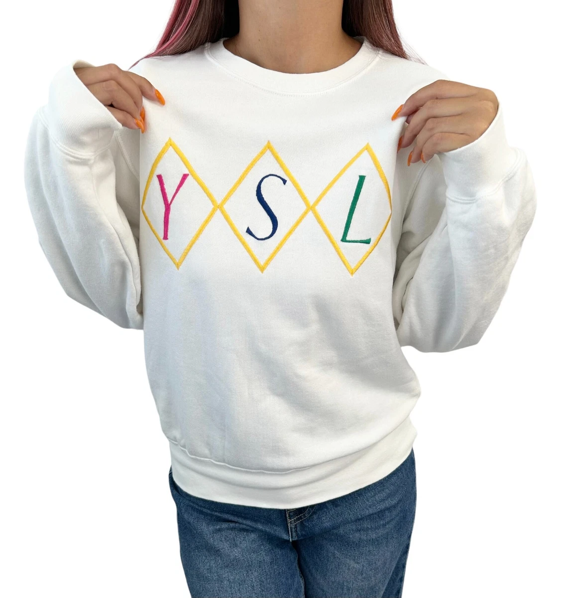 Yves Saint Laurent Vintage Big YSL big Logo Sweatshirt Top #M White RankAB