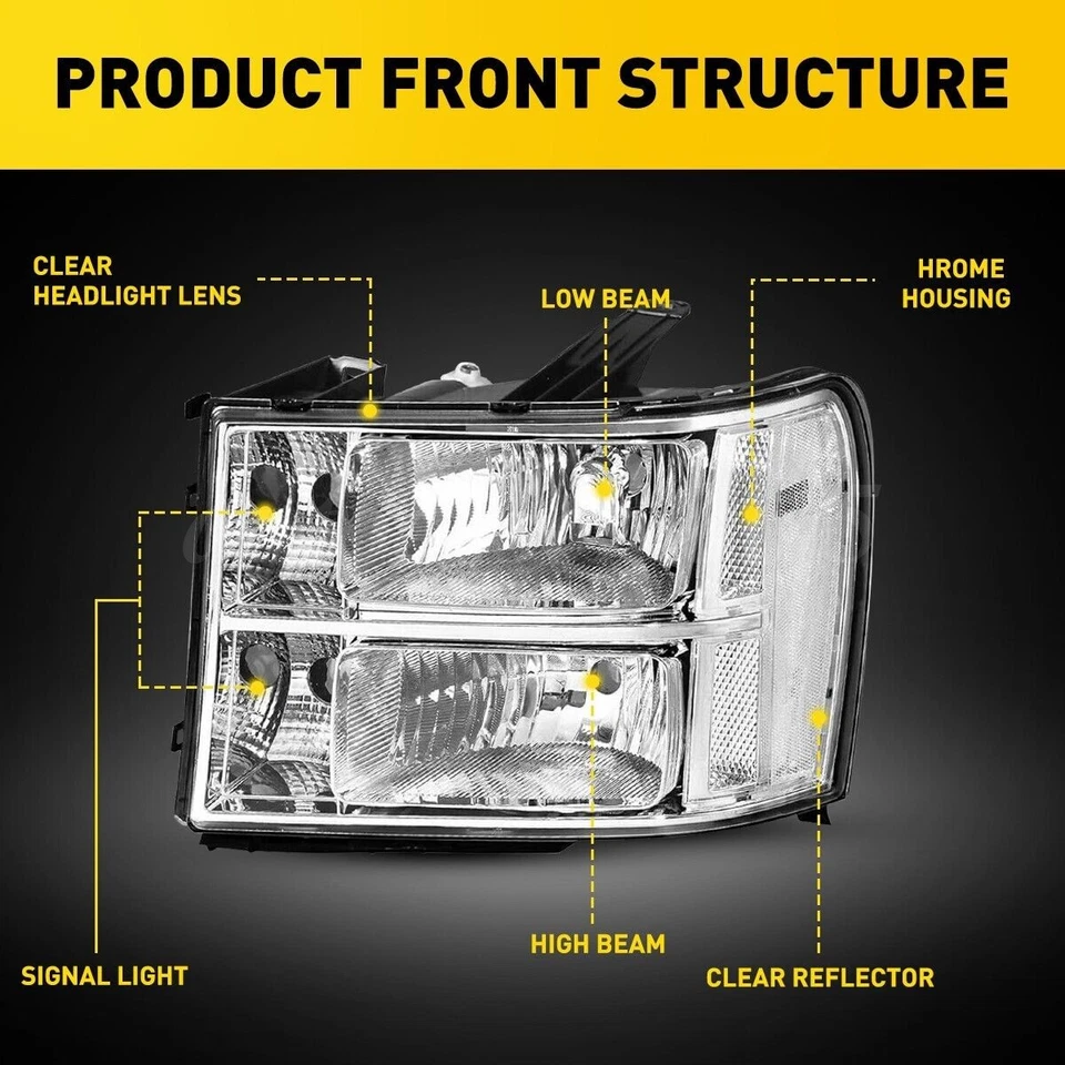 For 2007 2008 2009-2013 GMC Sierra 1500 2500HD 3500HD Headlights Chrome Headlamp Foto 2 de 4