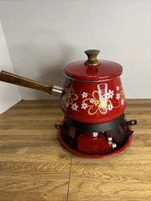 Vintage MCM Red Yellow White Daisy Flower Fondue Party Set Epicure NO FORKS