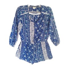 ST TROPEZ WEST Size L Blue Floral Romper Boho Beachy Crochet Trim