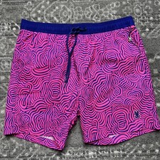 Psycho Bunny NWOT Mens Swim Trunks Medium Pink Blue Swirl Print Lined Beach