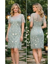 Adrianna Papell Icy Sage/Ivory Beaded Short Dress Size 6 $249 NWT