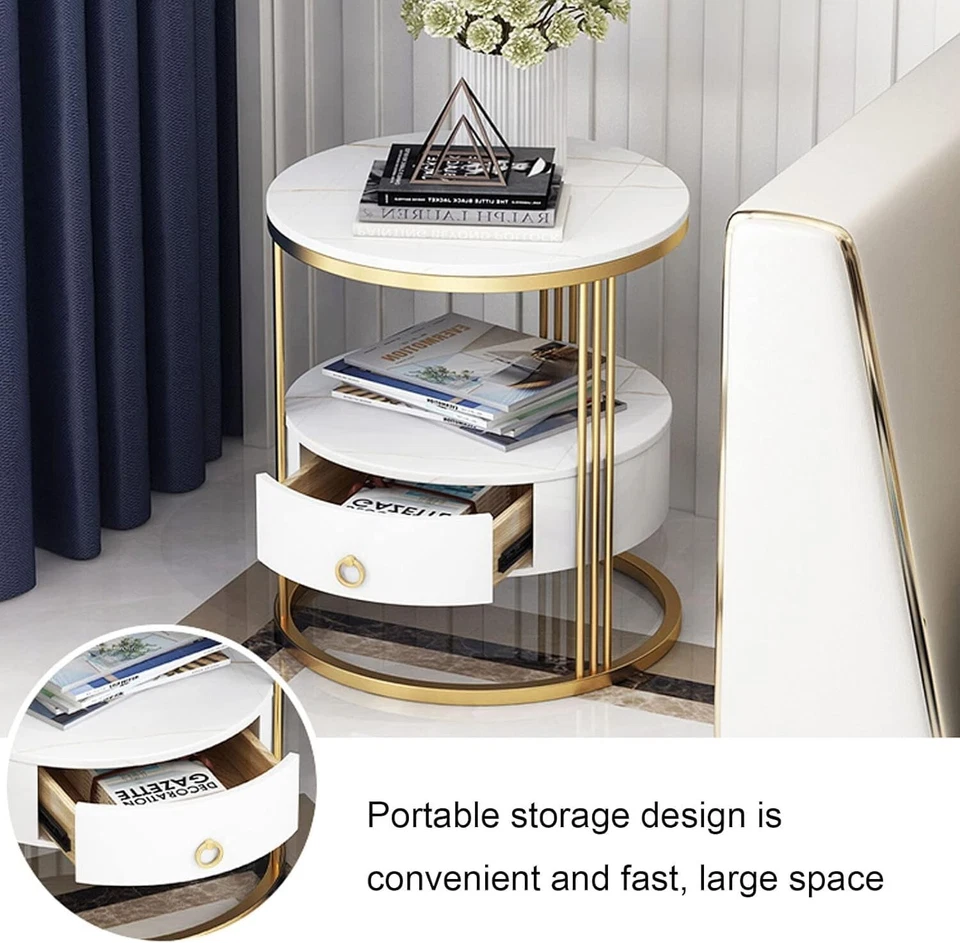 Round Bedside White Gold Table with Drawer Metal & Wooden Bedroom Nightstand - Image 3 of 4