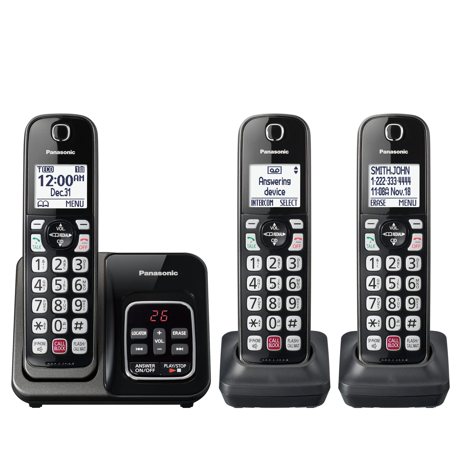 Panasonic Cordless Phone Contrast Display, Expandable System with 3 Handsets Blk