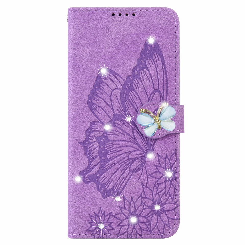 For Various Phone Diamond Butterfly Flip Wallet Card Bag Holder Stand Case Cover - Image 4 of 4