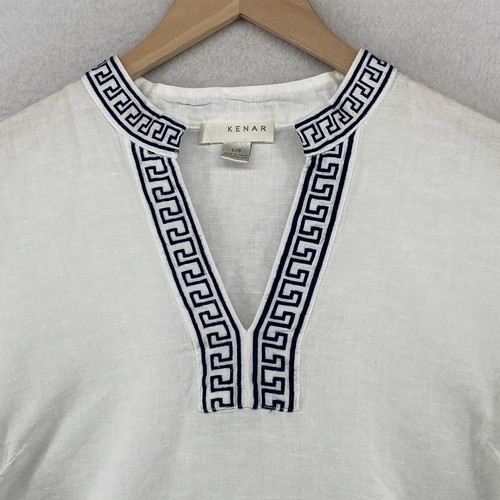 KENAR Top L Linen Cotton Embroidered Greek Key 3/4 Sleeve Split Neck Boho White - Picture 3 of 11