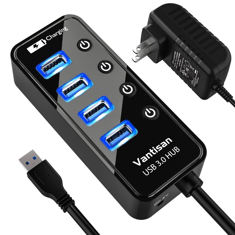4-Port USB 3.0 Hub with Power Adapter and Data Extension