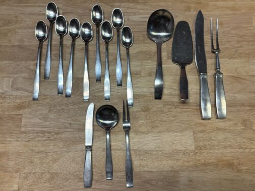 16 PC. GEORG JENSEN, DENMARK STAINLESS PLATA ICED TEA SPOONS & SERVERS
