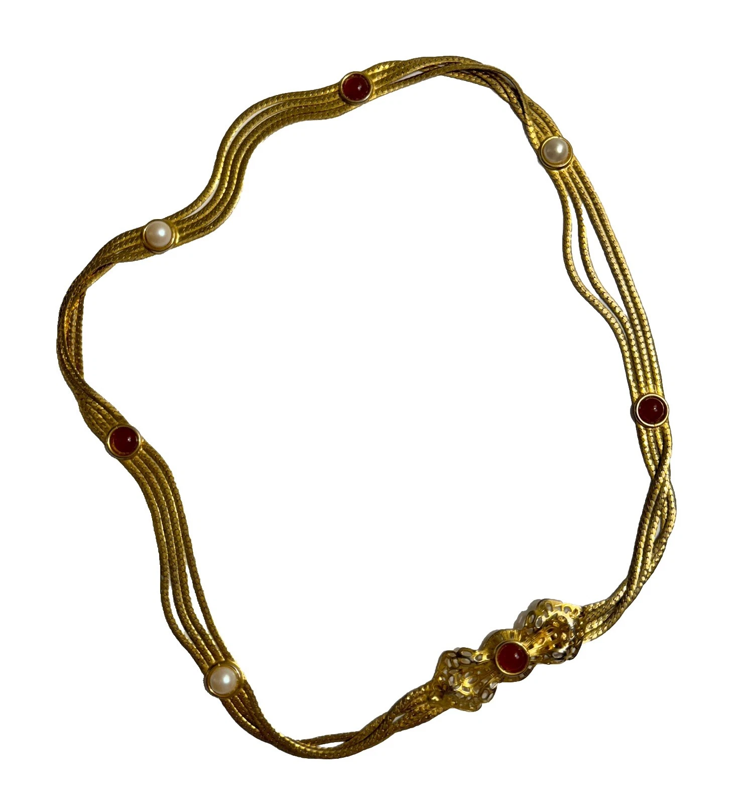 Ceinture vintage Christian Dior ton or avec cabochons en verre nacré et rubis 29,5 pouces