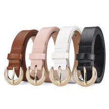 Women Lady Solid Crystal Round Buckle Faux Leather Belt Dress Jeans Waistband