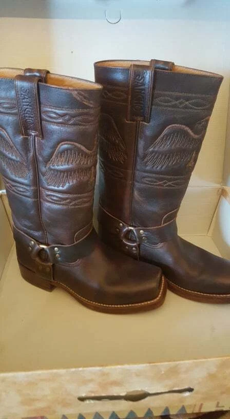 Sancho Biker Unisex Boots Genuine Brown Leather Eagle Engraved Size EU38 US8