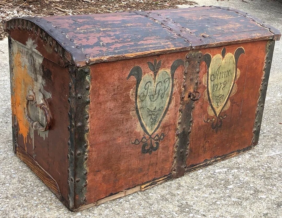 ✨Antiguo c.1778 SUECO Colonial Inmigrante Pecho Cúpula Superior Baúl Manta Pecho A+ Foto 3 de 4