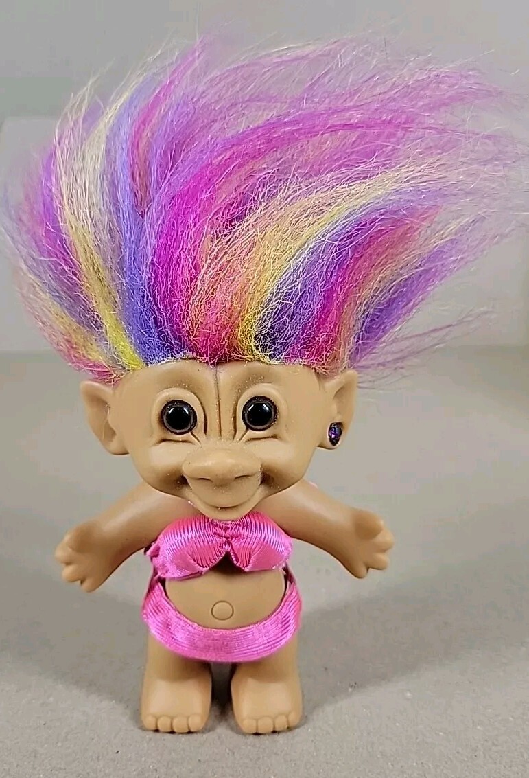 Vintage Girl Troll Doll Rainbow Hair Pink Bikini Heart Earring Bright of  America