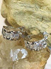 14K Solid White Gold 3 Cubic Zirconia Princess Cut Stones Half Hoop Earrings