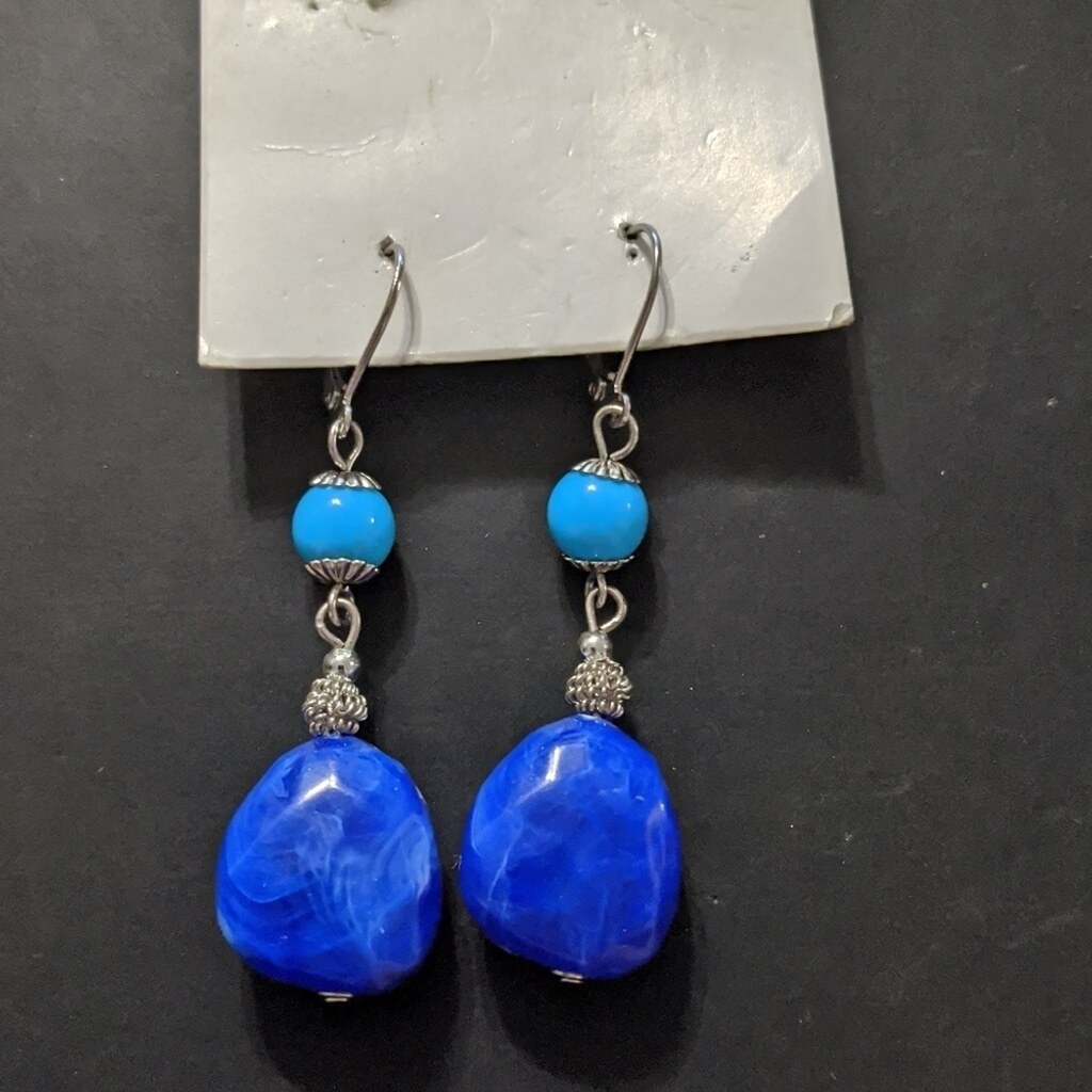 Silver Tone Blue Beaded Statement Dangle Earrings - image 1
