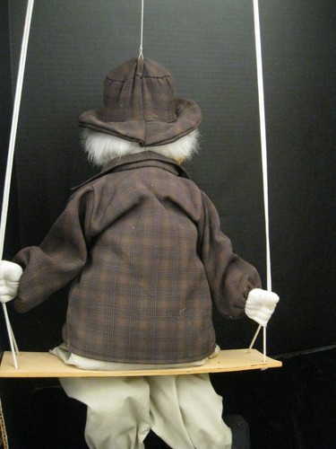 VINTAGE CLOWN DOLL HOBO DRESSED IN JACKET WITH MATCHING HAT SITTING ON A SWING - Picture 4 of 6