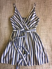 Pure Cotton Blue White Stripe Belted Wrap Dress Elasticated Waist , S Shein