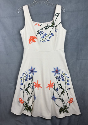 MOTF Fit & Flare Sleeveless Midi Dress Size Large Ivory Embroidered Flowers