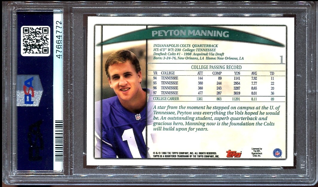 1998 Topps Season Opener Peyton Manning #1 Rookie RC PSA 10 view 2