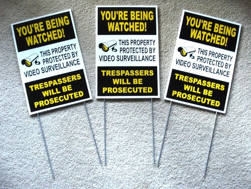 HARRINGTON SIGNS 3 YOU'RE BEING WATCHED SIGNS 8"x12" NEW with Stakes Security Surveillance b/y