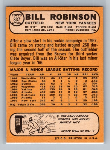 1968 Topps Bill Robinson #337 - New York Yankees - NEAR MINT to MINT - Picture 2 of 2